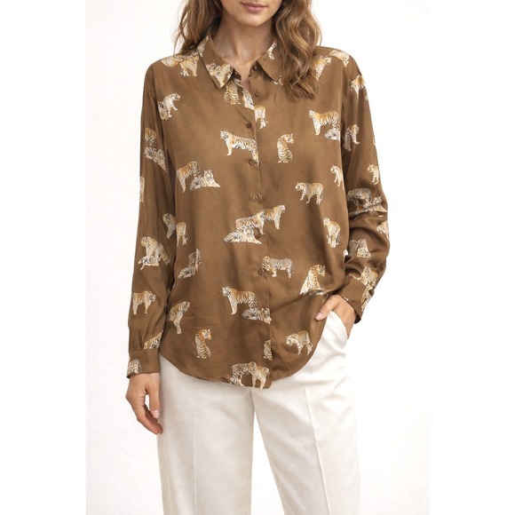 Zara Tops - ZARA‎ Tiger Print Long Sleeve Button Down Shirt Women's L Brown Preppy  72-27